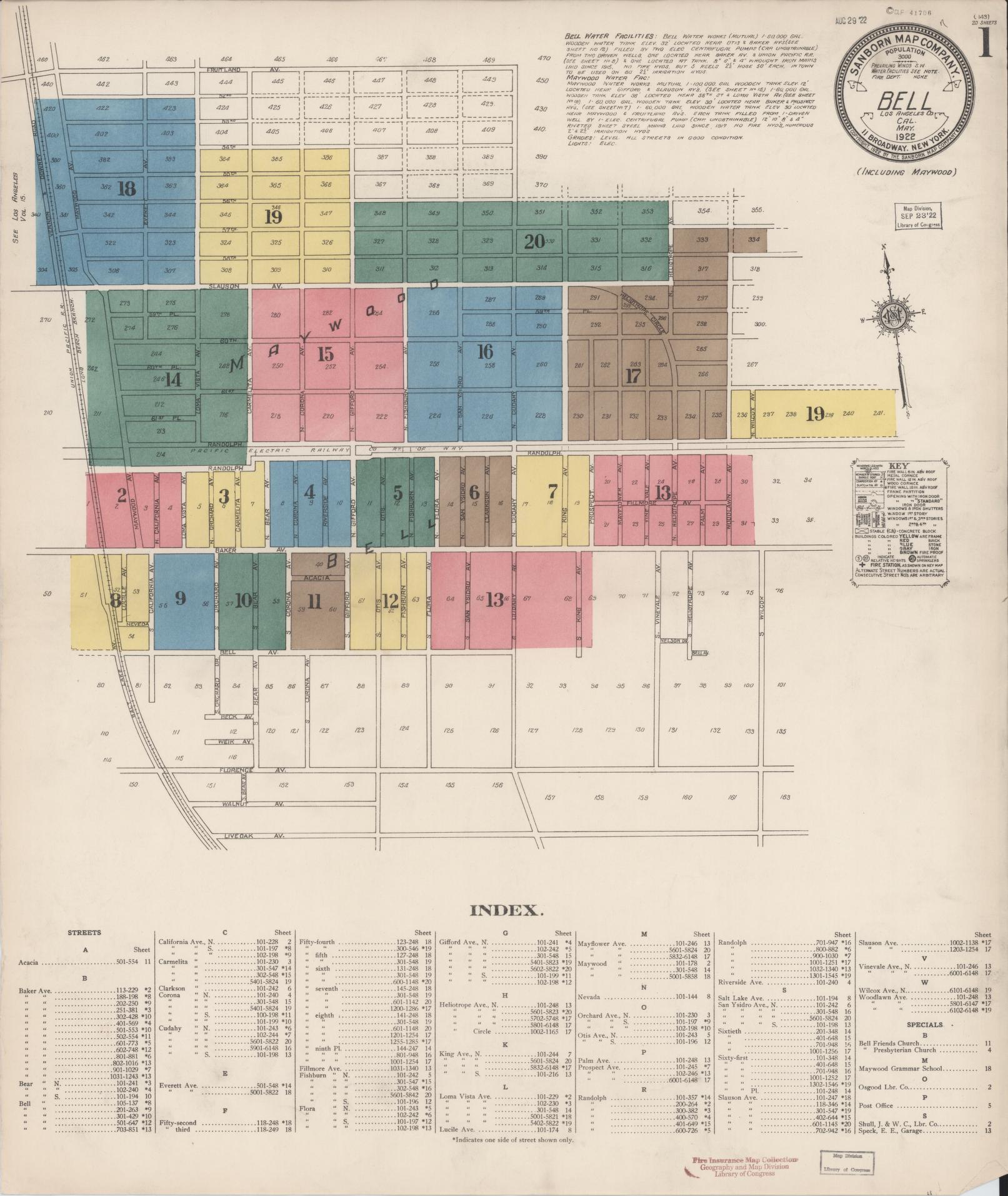 Sanborn Fire Insurance Map from Bell, Los Angeles County, California (1922), Sheet #0001 - Historic Sanborn Fire Insurance Map Print, vintage old map wall art, antique decor, genealogy gift, California California map