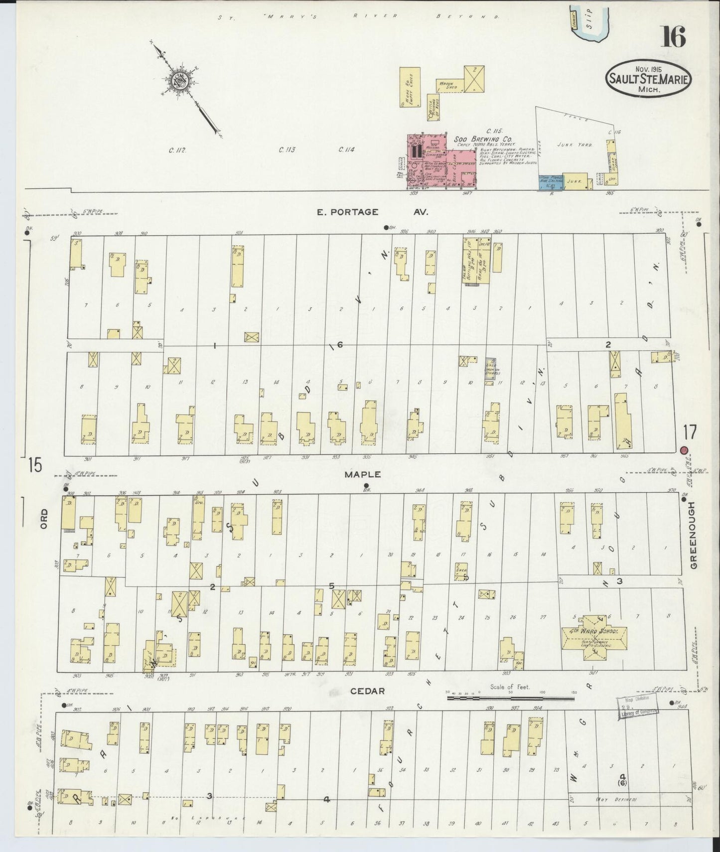 Sanborn Fire Insurance Map from Sault Sainte Marie, Chippewa County, Michigan (1915), Sheet #0016 - Complete Map Set gallery image, historic Sanborn map, vintage wall art, Michigan Michigan