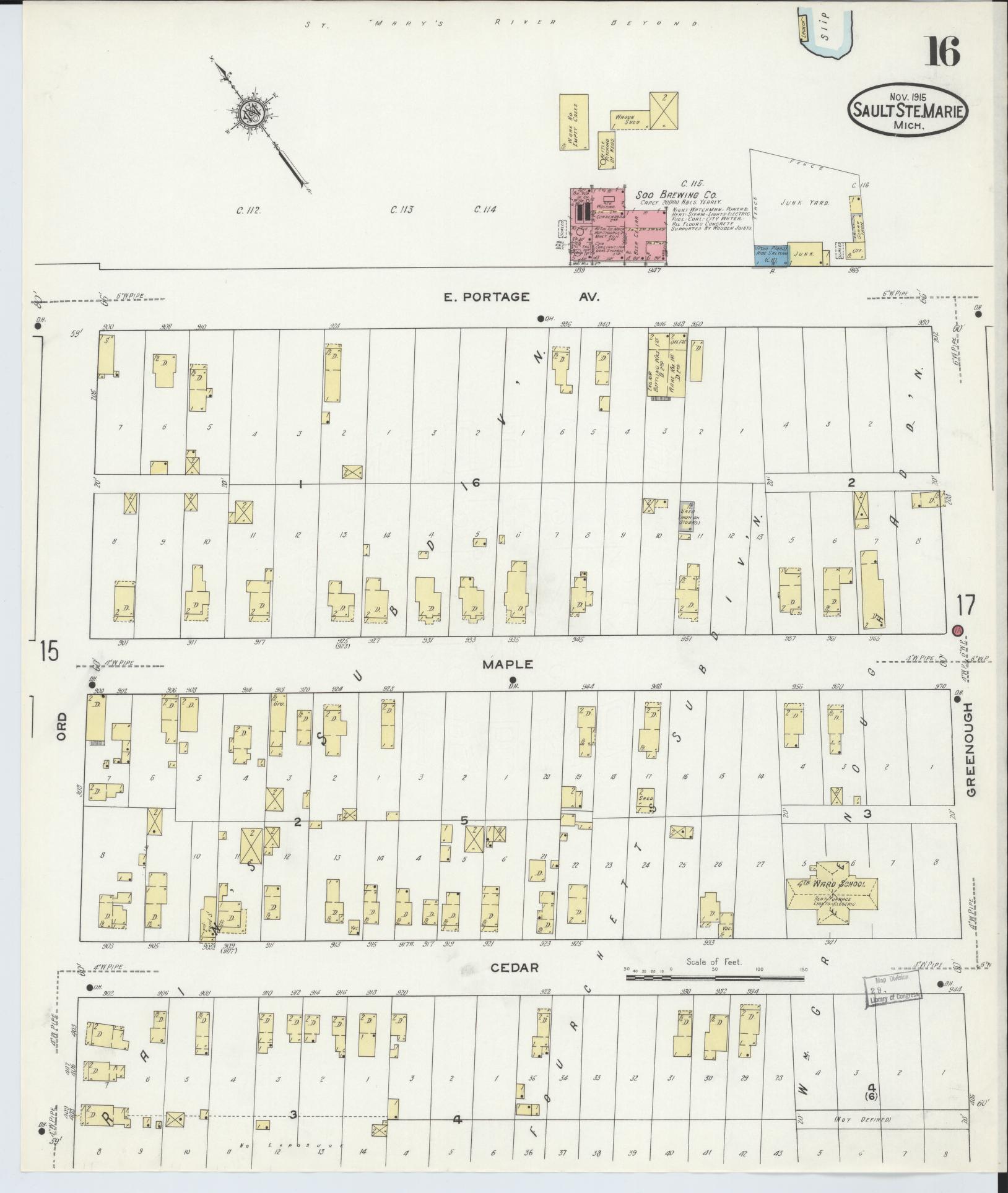 Sanborn Fire Insurance Map from Sault Sainte Marie, Chippewa County, Michigan (1915), Sheet #0016 - Complete Map Set gallery image, historic Sanborn map, vintage wall art, Michigan Michigan