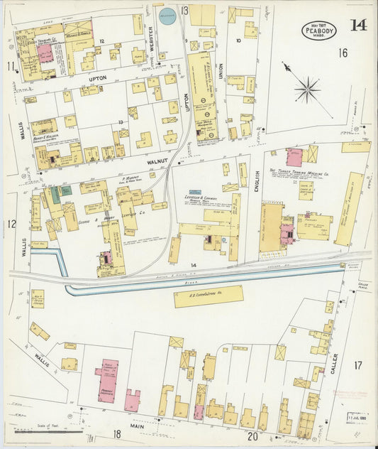 Sanborn Fire Insurance Map from Peabody, Essex County, Massachusetts (1907), Sheet #0014 - Historic Sanborn Fire Insurance Map Print, vintage old map wall art, antique decor, genealogy gift, Massachusetts Massachusetts map