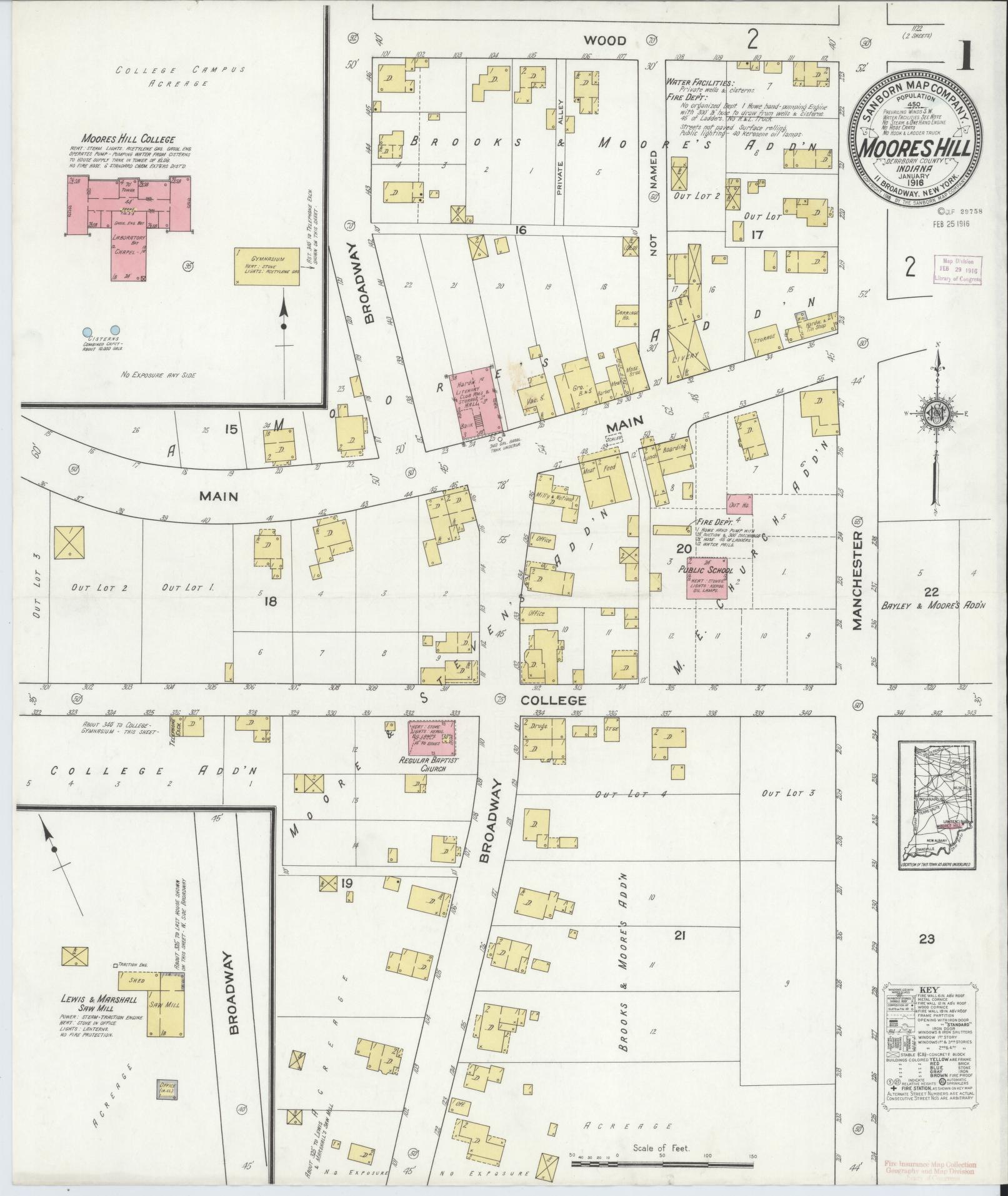 Sanborn Fire Insurance Map from Moores Hill, Dearborn County, Indiana (1916), Sheet #0001 - Complete Map Set gallery image, historic Sanborn map, vintage wall art, Indiana Indiana