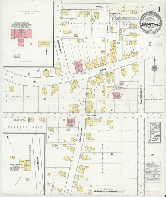 Sanborn Fire Insurance Map from Moores Hill, Dearborn County, Indiana (1916), Sheet #0001 - Complete Map Set gallery image, historic Sanborn map, vintage wall art, Indiana Indiana