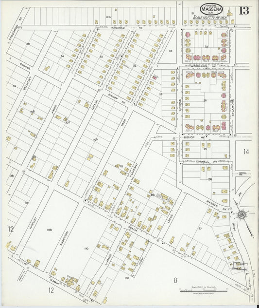Sanborn Fire Insurance Map from Massena, St. Lawrence County, New York (1918), Sheet #0013 - Historic Sanborn Fire Insurance Map Print, vintage old map wall art, antique decor, genealogy gift, New York New York map