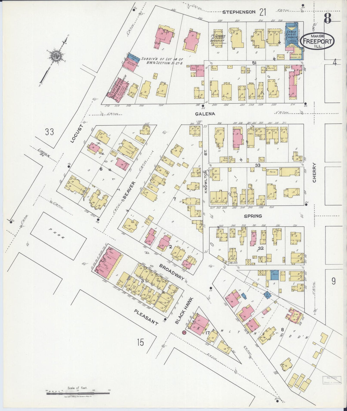 Sanborn Fire Insurance Map from Freeport, Stephenson County, Illinois (1918), Sheet #0008 - Historic Sanborn Fire Insurance Map Print, vintage old map wall art, antique decor, genealogy gift, Illinois Illinois map