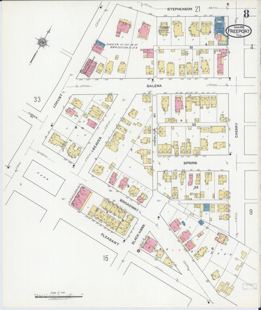 Sanborn Fire Insurance Map from Freeport, Stephenson County, Illinois (1918), Sheet #0008 - Historic Sanborn Fire Insurance Map Print, vintage old map wall art, antique decor, genealogy gift, Illinois Illinois map