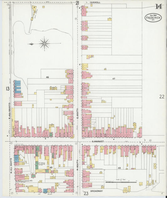 Frederick, Maryland - 1904 - Sanborn Fire Insurance Map, Sheet #0014 - Historic Sanborn Fire Insurance Map Print, Frederick Maryland 1904 0014 vintage old map wall art