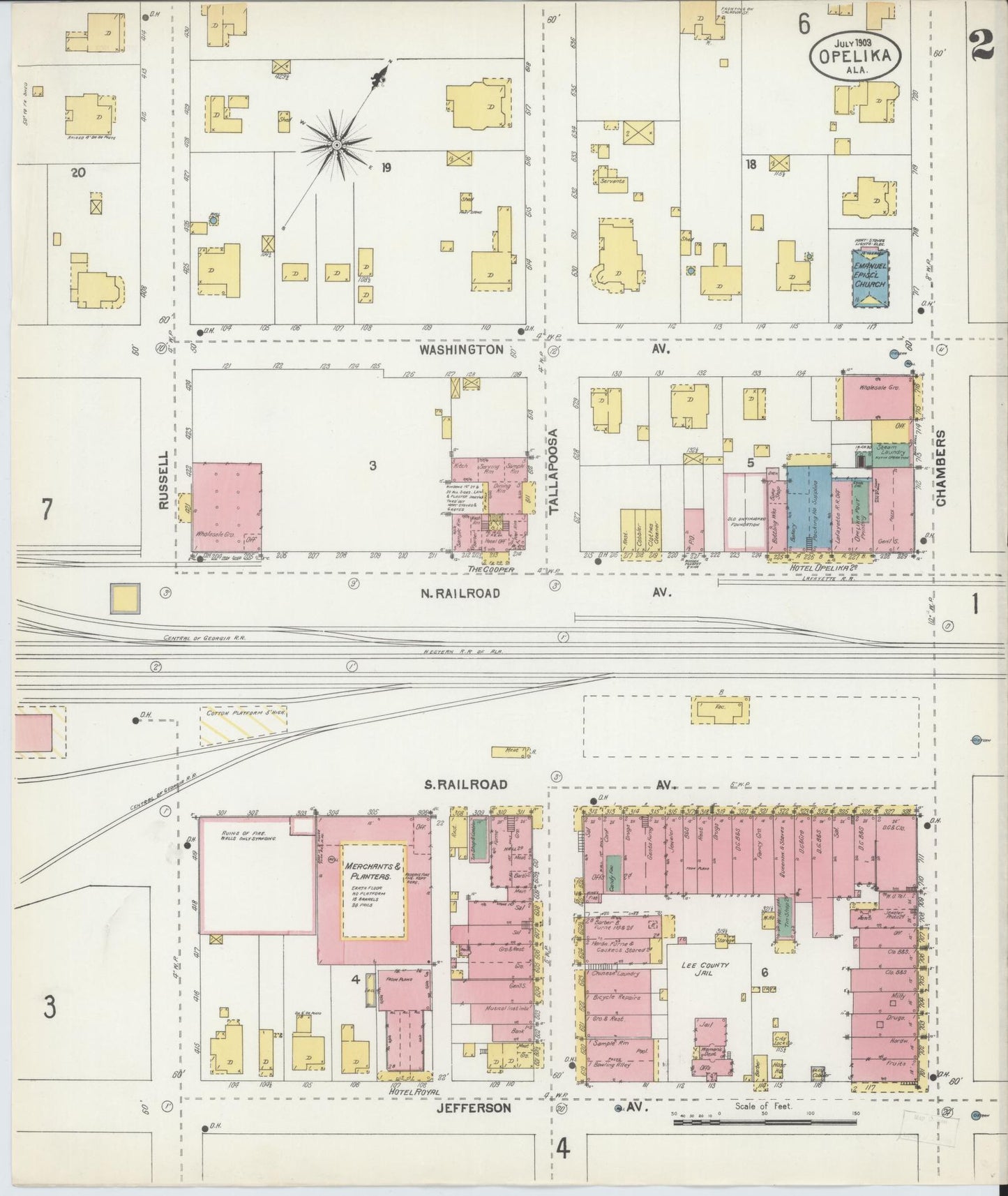 Sanborn Fire Insurance Map from Opelika, Lee County, Alabama (1903), Sheet #0002 - Complete Map Set gallery image, historic Sanborn map, vintage wall art, Alabama Alabama
