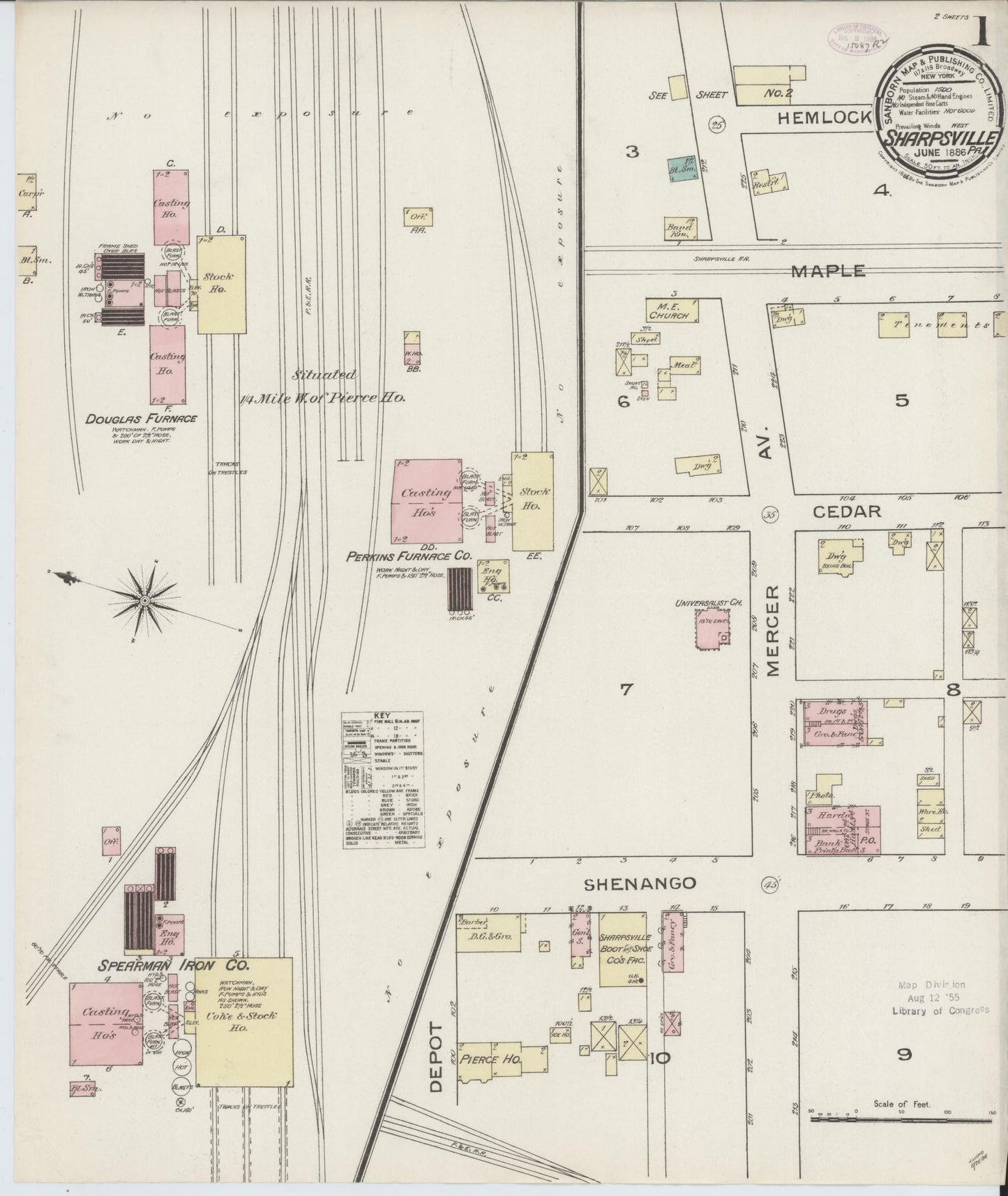 Sanborn Fire Insurance Map from Sharpsville, Mercer County, Pennsylvania (1886), Sheet #0001 - Historic Sanborn Fire Insurance Map Print, vintage old map wall art, antique decor, genealogy gift, Pennsylvania Pennsylvania map