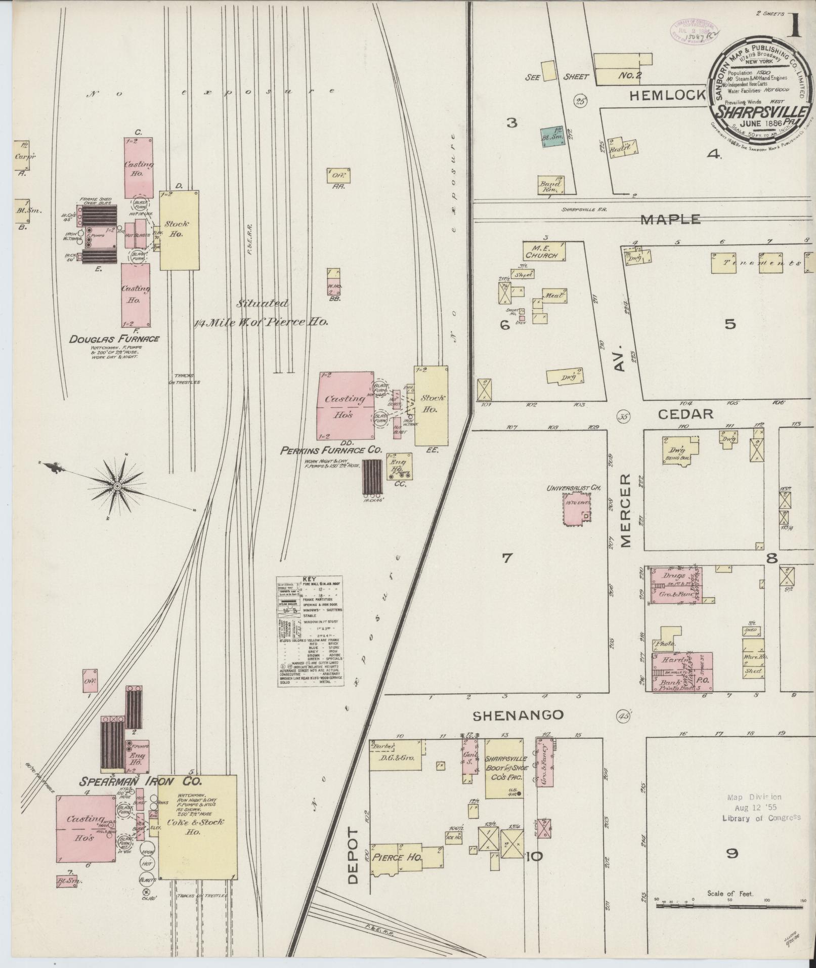 Sanborn Fire Insurance Map from Sharpsville, Mercer County, Pennsylvania (1886), Sheet #0001 - Historic Sanborn Fire Insurance Map Print, vintage old map wall art, antique decor, genealogy gift, Pennsylvania Pennsylvania map