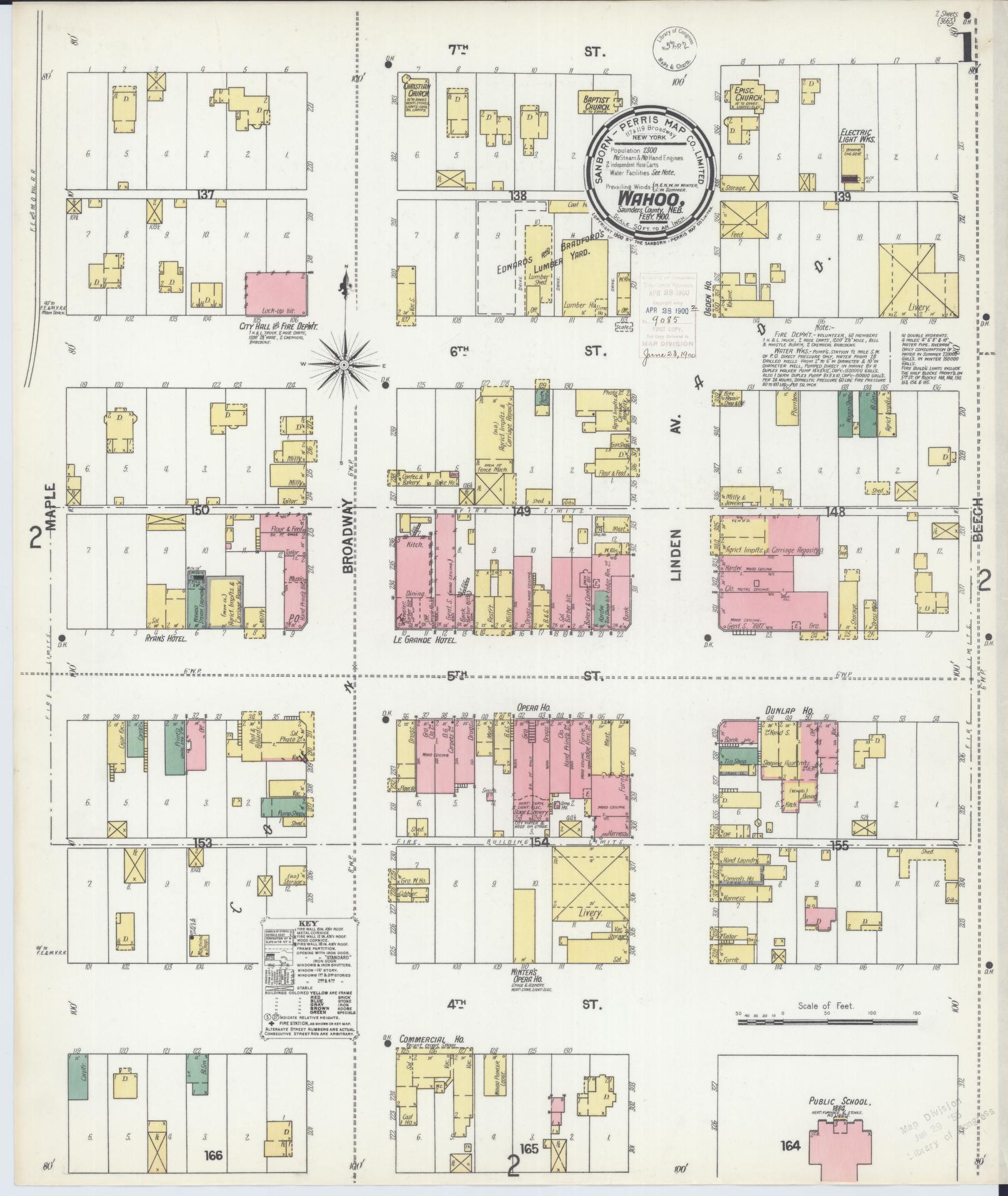 Sanborn Fire Insurance Map from Wahoo, Saunders County, Nebraska (1900), Sheet #0001 - Historic Sanborn Fire Insurance Map Print, vintage old map wall art, antique decor, genealogy gift, Nebraska Nebraska map