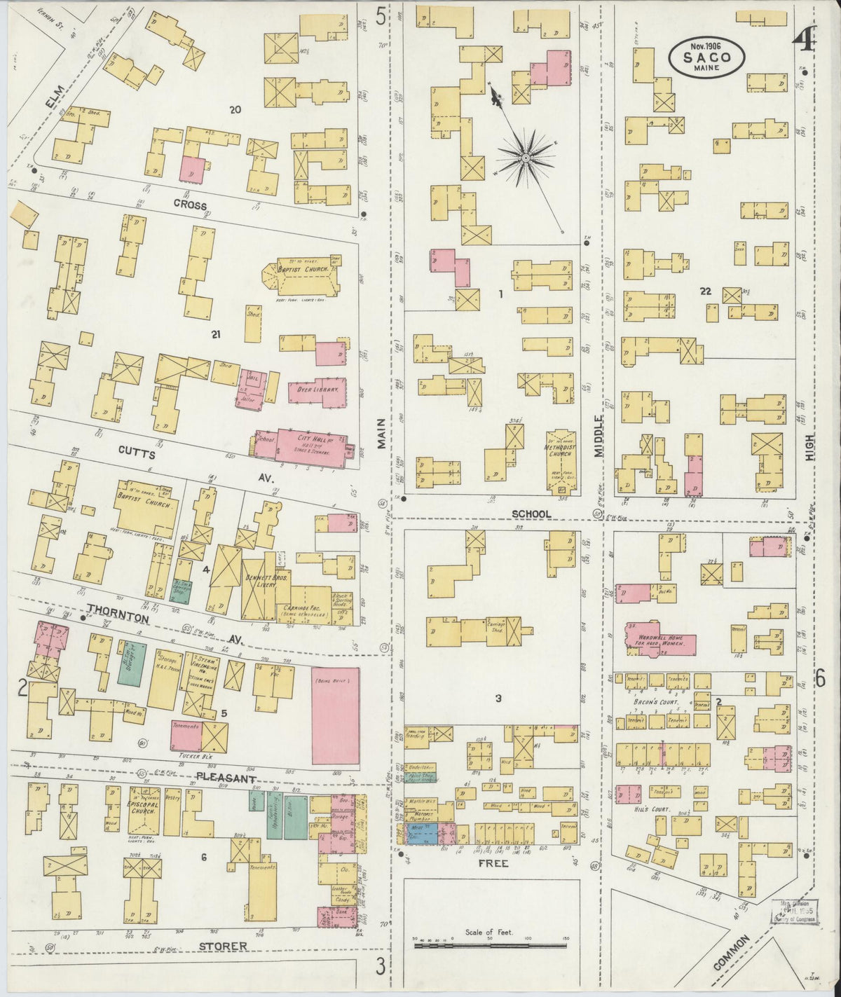 Sanborn Fire Insurance Map from Saco, York County, Maine (1906), Sheet #0004 - Complete Map Set gallery image, historic Sanborn map, vintage wall art, Maine Maine