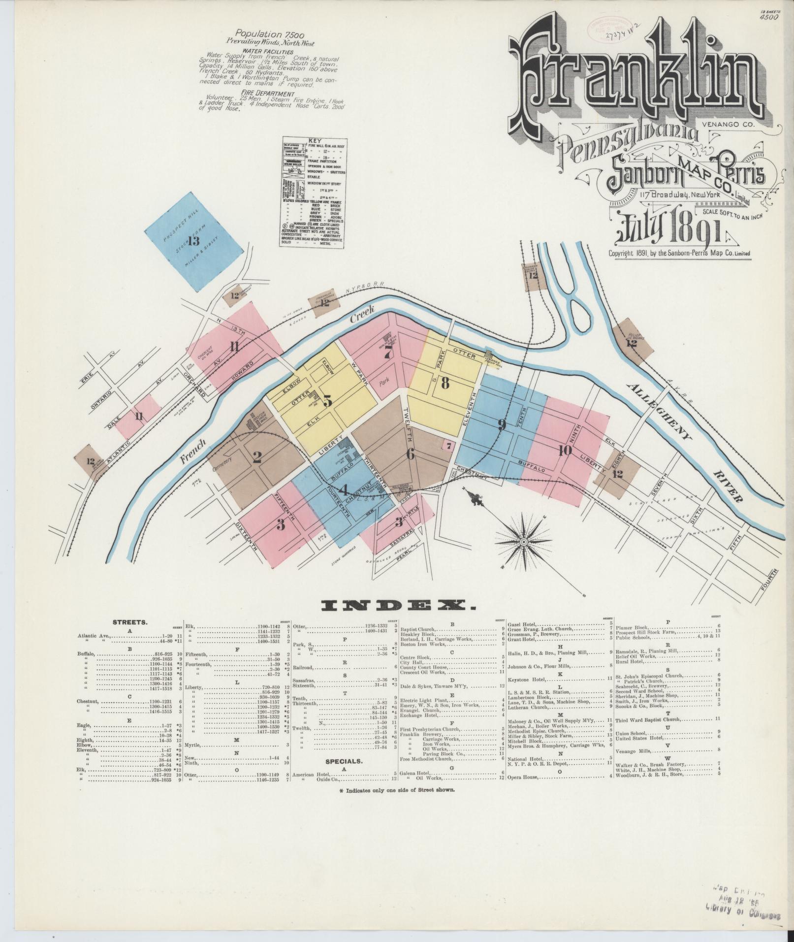 Sanborn Fire Insurance Map from Franklin, Venango County, Pennsylvania (1891), Sheet #0001 - Historic Sanborn Fire Insurance Map Print, vintage old map wall art, antique decor, genealogy gift, Pennsylvania Pennsylvania map