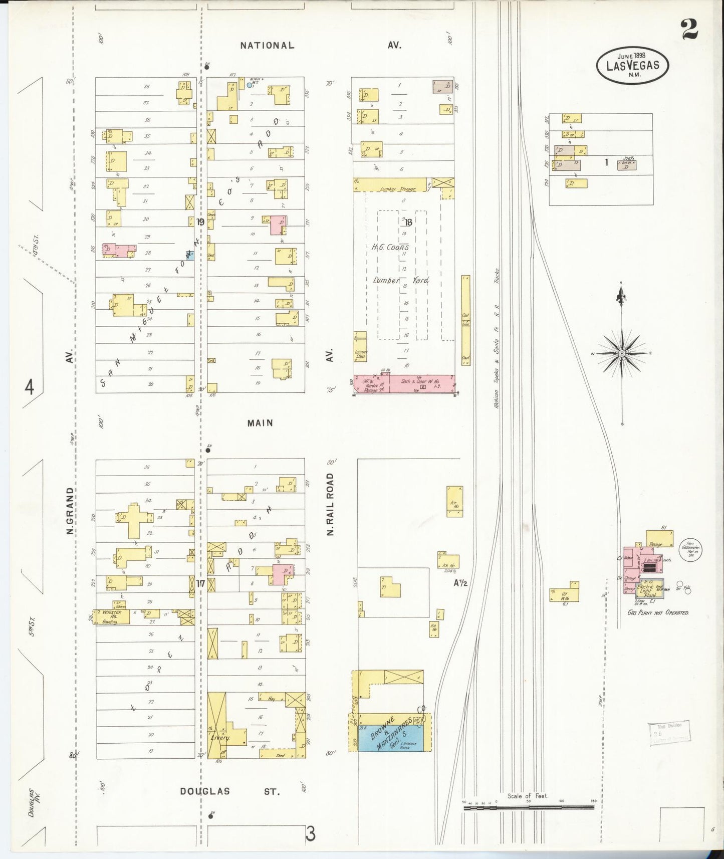 Sanborn Fire Insurance Map from Las Vegas, San Miguel County, New Mexico (1898), Sheet #0002 - Complete Map Set gallery image, historic Sanborn map, vintage wall art, New Mexico New Mexico