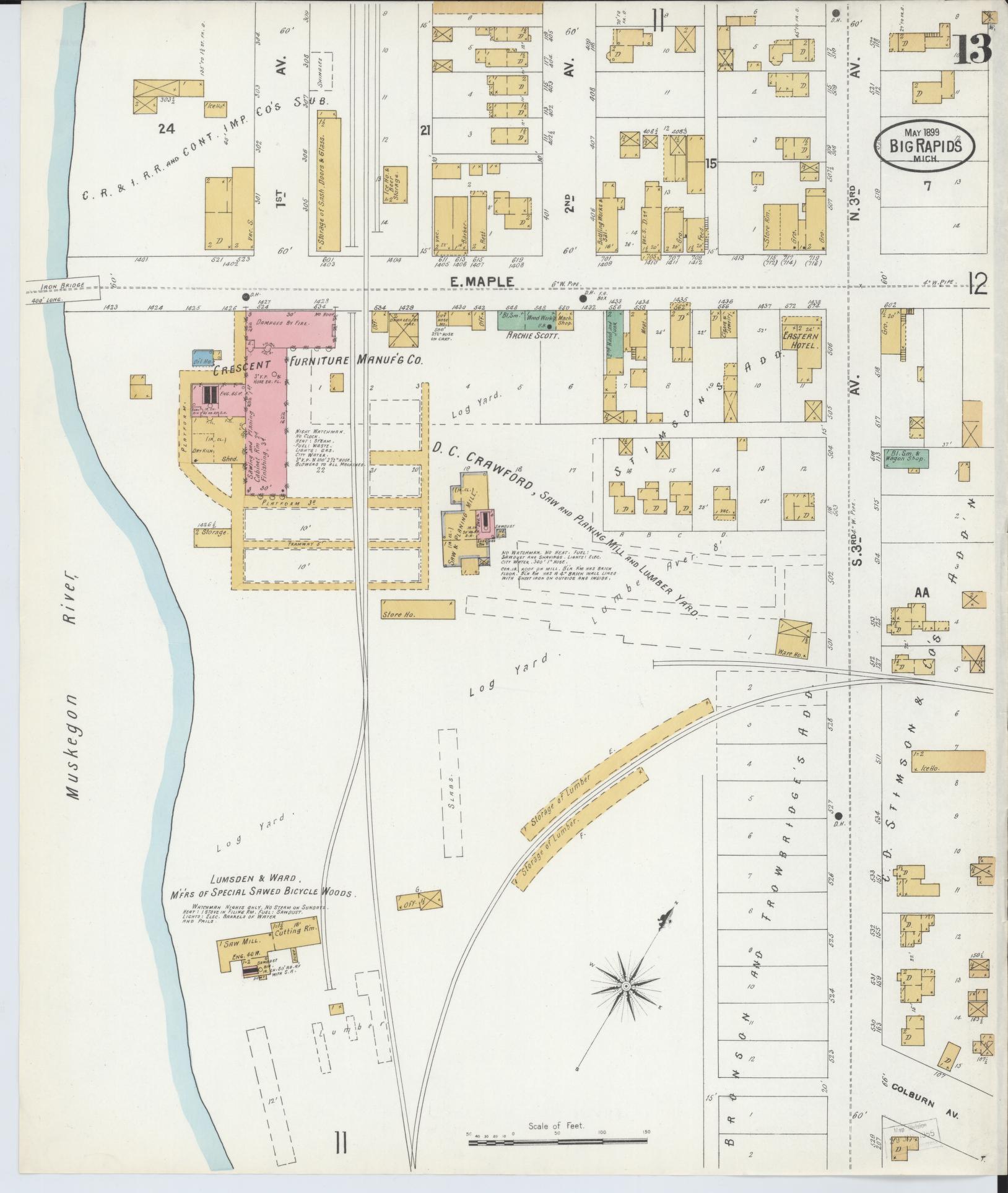 Sanborn Fire Insurance Map from Big Rapids, Mecosta County, Michigan (1899), Sheet #0013 - Complete Map Set gallery image, historic Sanborn map, vintage wall art, Michigan Michigan