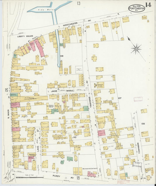 Sanborn Fire Insurance Map from Port Chester, Westchester County, New York (1908), Sheet #0014 - Historic Sanborn Fire Insurance Map Print, vintage old map wall art, antique decor, genealogy gift, New York New York map