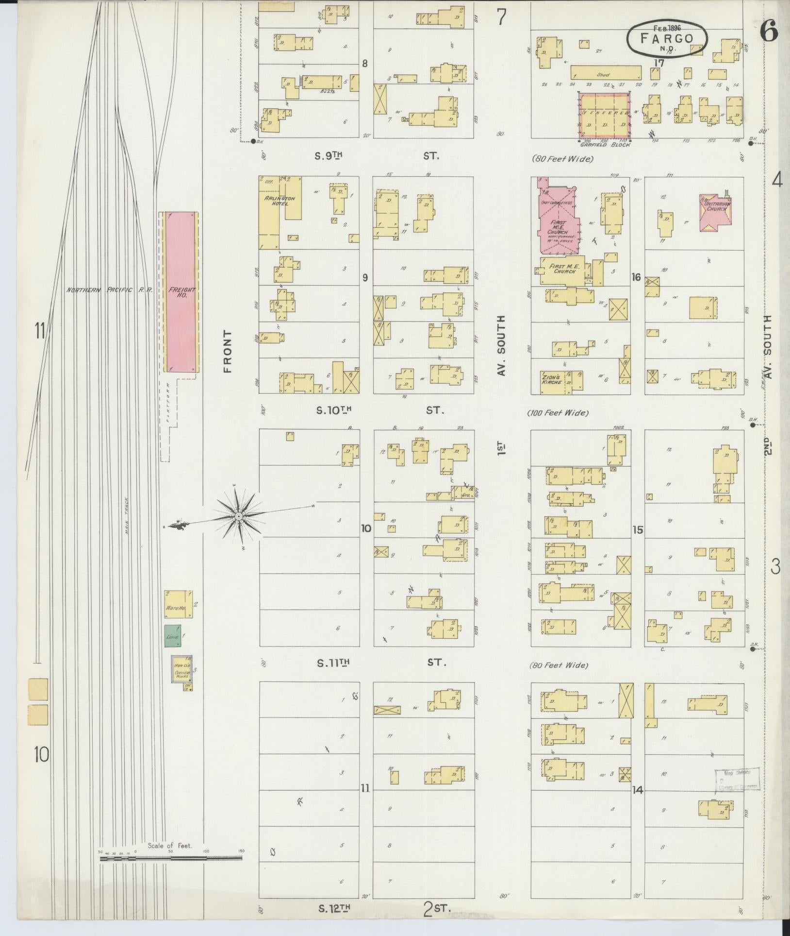 Sanborn Fire Insurance Map from Fargo, Cass County, North Dakota (1896), Sheet #0006 - Historic Sanborn Fire Insurance Map Print, vintage old map wall art, antique decor, genealogy gift, North Dakota North Dakota map