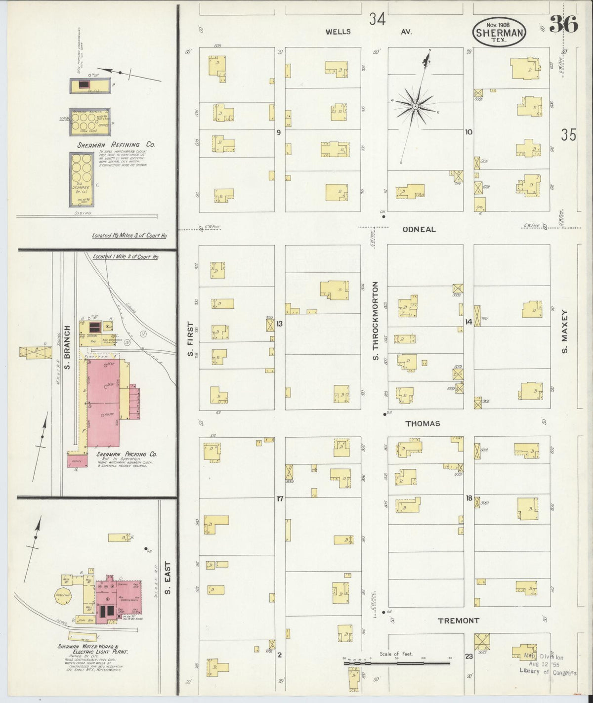 Sanborn Fire Insurance Map from Sherman, Grayson County, Texas (1908), Sheet #0036 - Historic Sanborn Fire Insurance Map Print, vintage old map wall art, antique decor, genealogy gift, Texas Texas map