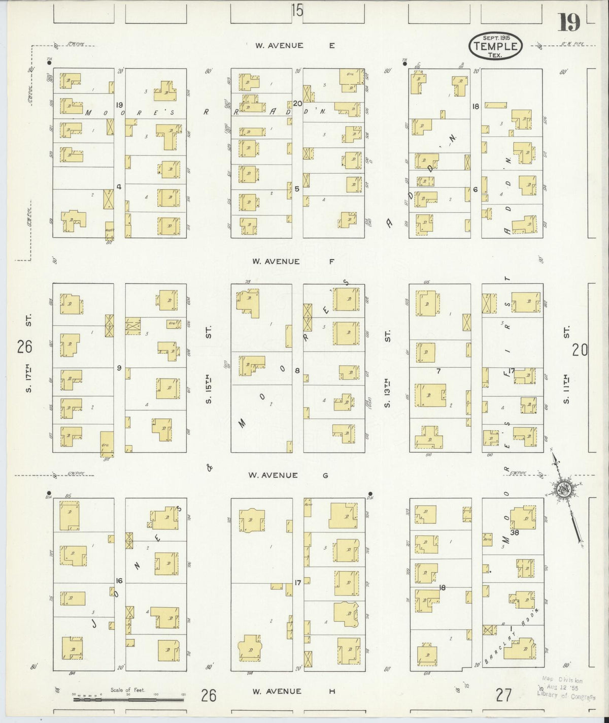 Sanborn Fire Insurance Map from Temple, Bell County, Texas (1915), Sheet #0019 - Complete Map Set gallery image, historic Sanborn map, vintage wall art, Texas Texas