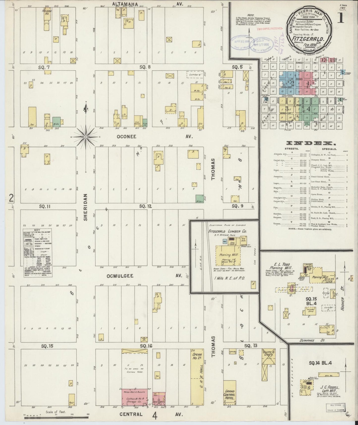 Sanborn Fire Insurance Map from Fitzgerald, Ben Hill County, Georgia (1898), Sheet #0001 - Complete Map Set gallery image, historic Sanborn map, vintage wall art, Georgia Georgia