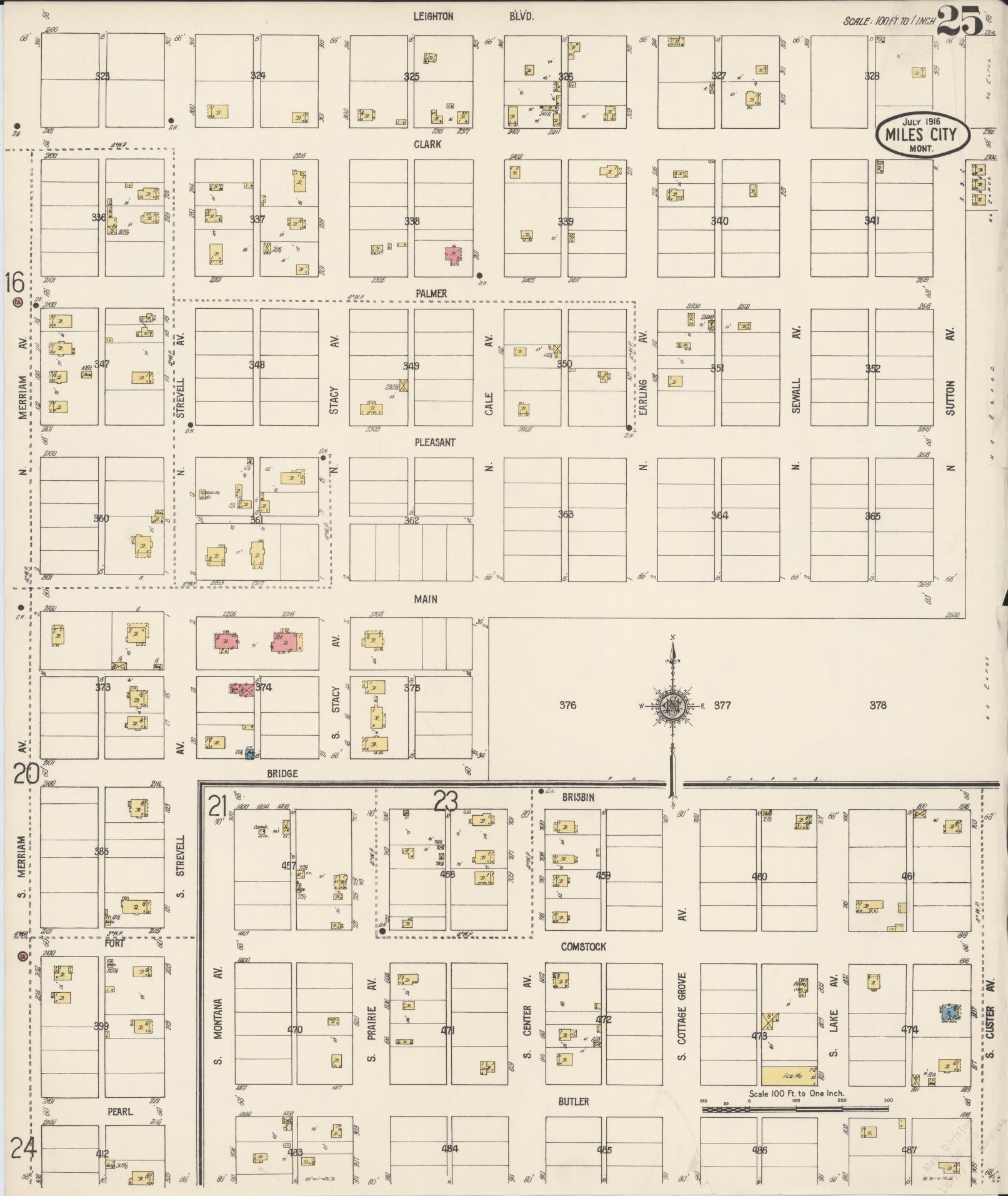Sanborn Fire Insurance Map from Miles City, Custer County, Montana (1916), Sheet #0025 - Historic Sanborn Fire Insurance Map Print, vintage old map wall art, antique decor, genealogy gift, Montana Montana map