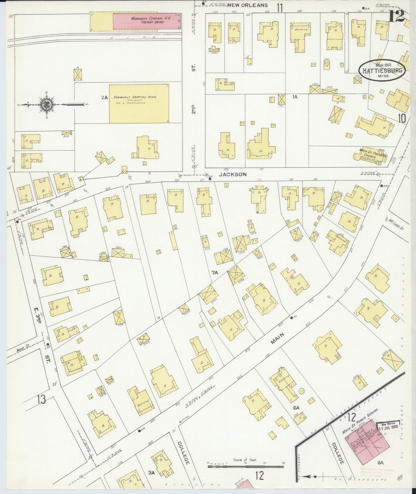 Sanborn Fire Insurance Map from Hattiesburg, Forrest County, Mississippi (1910), Sheet #0012 - Historic Sanborn Fire Insurance Map Print, vintage old map wall art, antique decor, genealogy gift, Mississippi Mississippi map