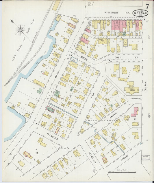 Sanborn Fire Insurance Map from Neenah, Winnebago County, Wisconsin (1895), Sheet #0007 - Historic Sanborn Fire Insurance Map Print, vintage old map wall art, antique decor, genealogy gift, Wisconsin Wisconsin map
