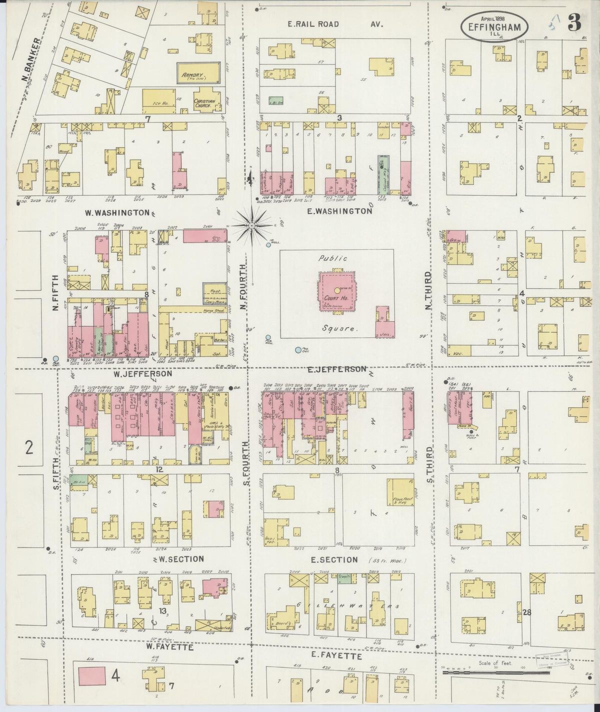 Sanborn Fire Insurance Map from Effingham, Effingham County, Illinois (1898), Sheet #0003 - Historic Sanborn Fire Insurance Map Print, vintage old map wall art, antique decor, genealogy gift, Illinois Illinois map