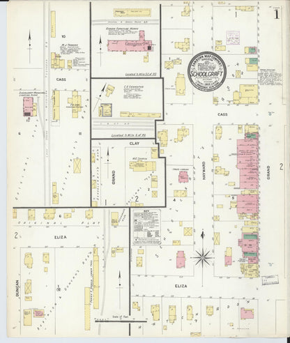 Sanborn Fire Insurance Map from Schoolcraft, Kalamazoo County, Michigan (1908), Sheet #0001 - Complete Map Set gallery image, historic Sanborn map, vintage wall art, Michigan Michigan