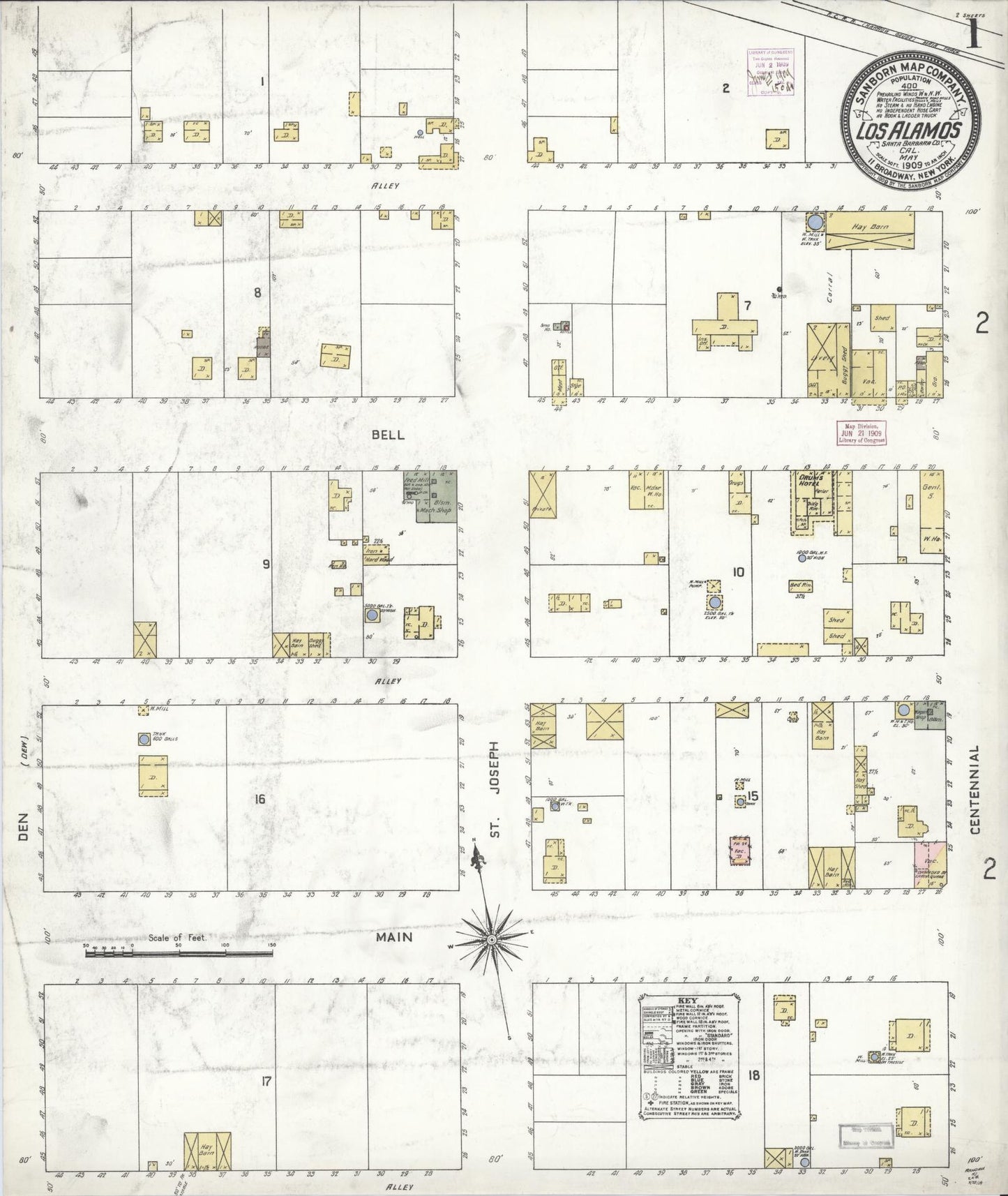 Sanborn Fire Insurance Map from Los Alamos, Santa Barbara County, California (1909), Sheet #0001 - Historic Sanborn Fire Insurance Map Print, vintage old map wall art, antique decor, genealogy gift, California California map