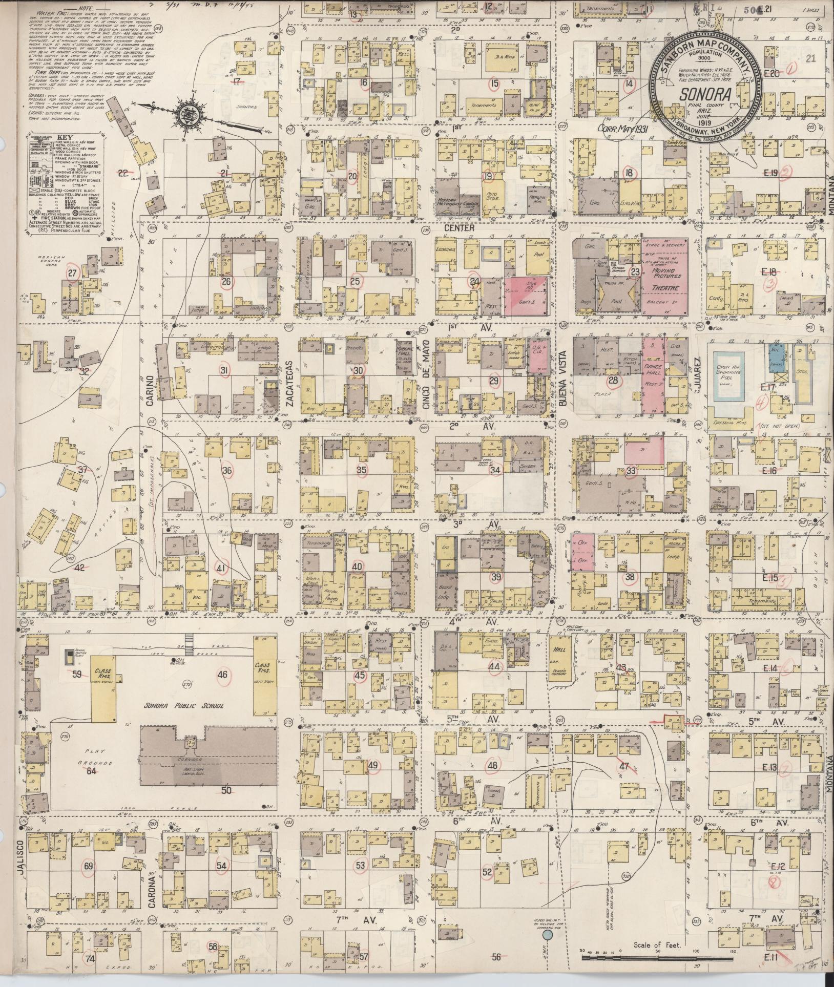 Sanborn Fire Insurance Map from Sonora, Pinal County, Arizona (1931), Sheet #0001 - Historic Sanborn Fire Insurance Map Print, vintage old map wall art, antique decor, genealogy gift, Arizona Arizona map