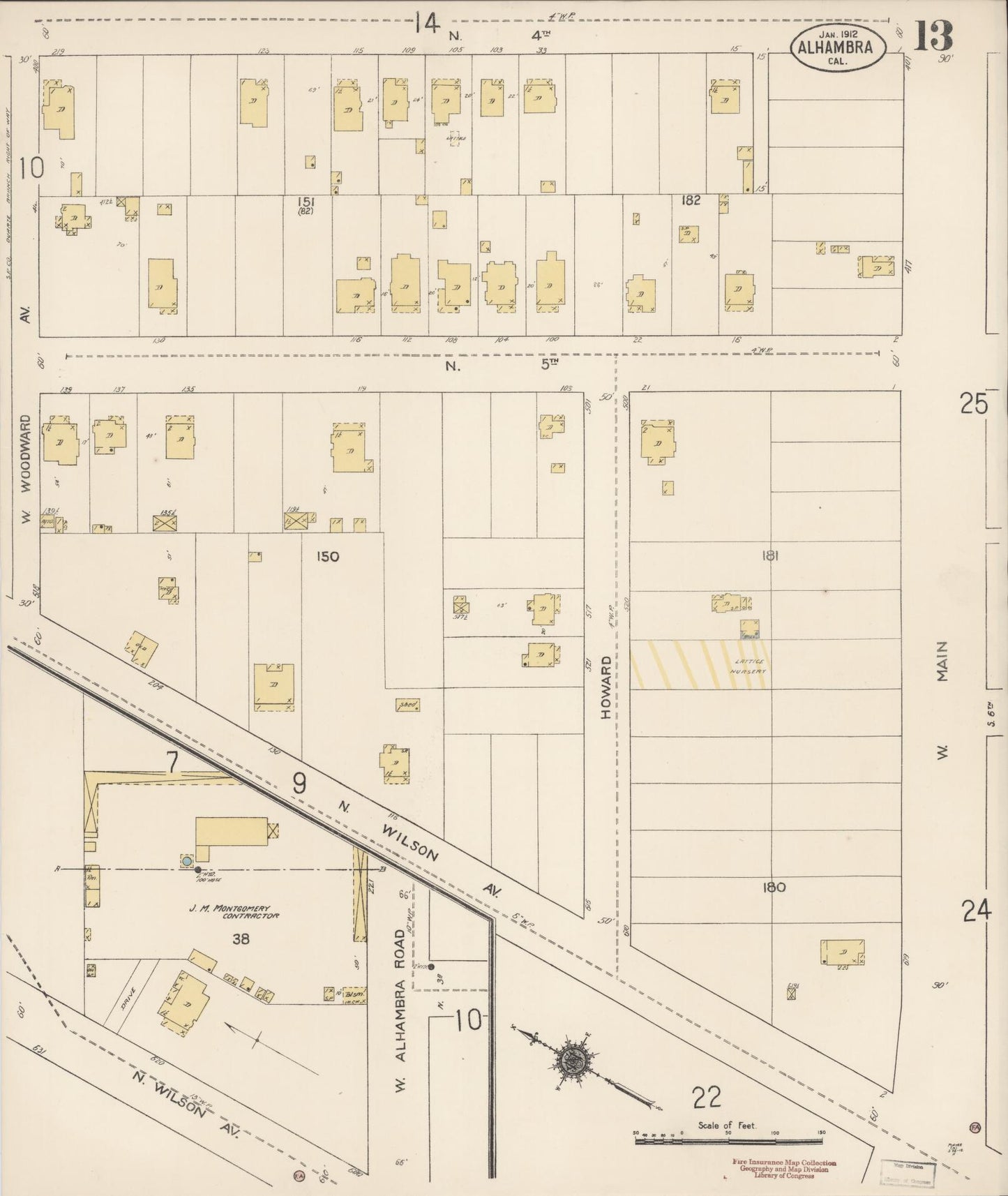 Sanborn Fire Insurance Map from Alhambra, Los Angeles County, California (1912), Sheet #0013 - Historic Sanborn Fire Insurance Map Print, vintage old map wall art, antique decor, genealogy gift, California California map