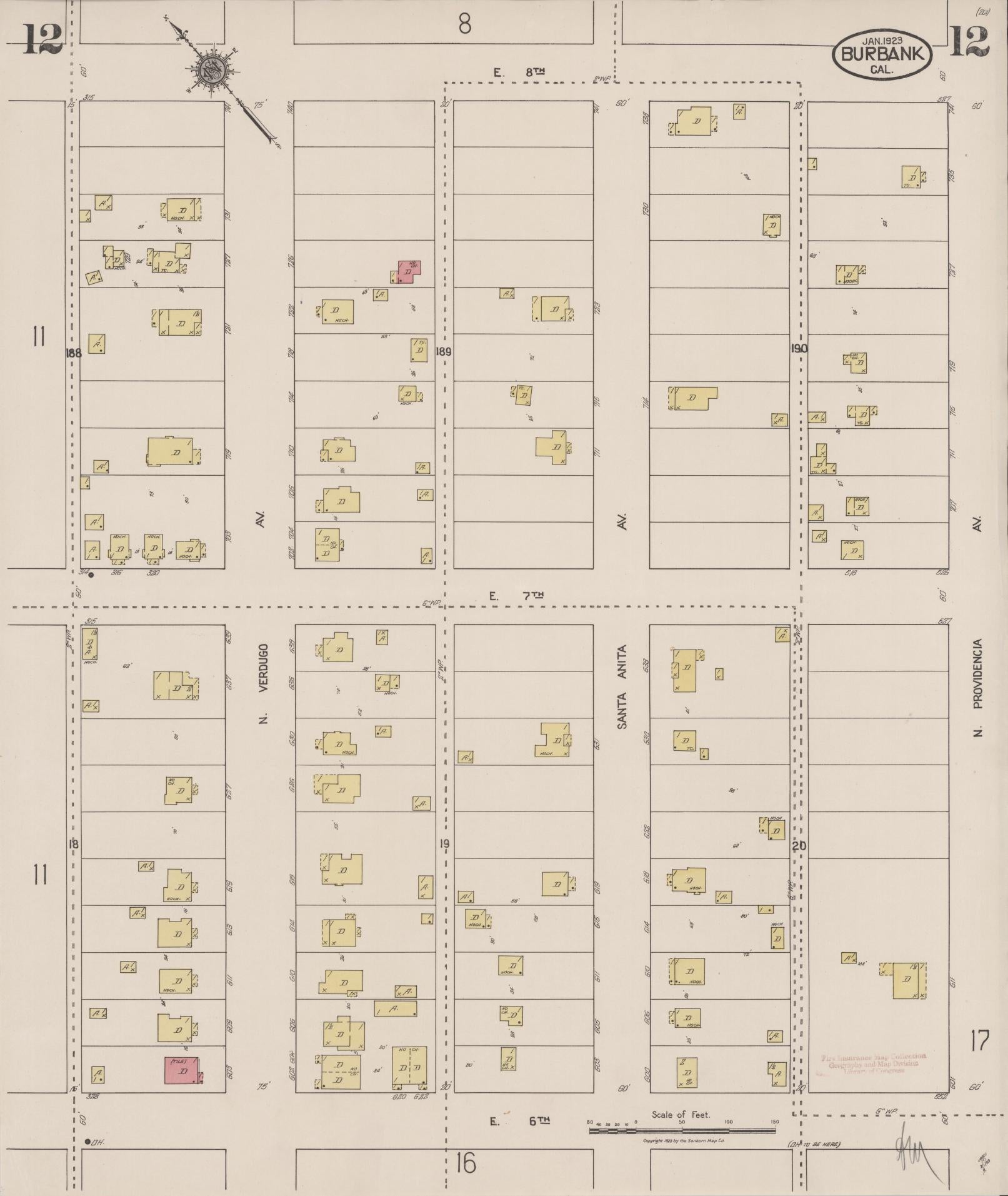 Sanborn Fire Insurance Map from Burbank, Los Angeles County, California (1923), Sheet #0012 - Complete Map Set gallery image, historic Sanborn map, vintage wall art, California California