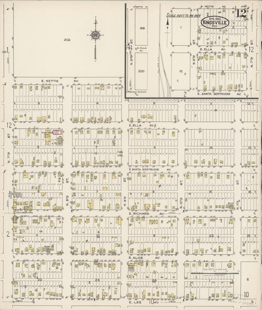 Sanborn Fire Insurance Map from Kingsville, Kleberg County, Texas (1922), Sheet #0012 - Historic Sanborn Fire Insurance Map Print, vintage old map wall art, antique decor, genealogy gift, Texas Texas map
