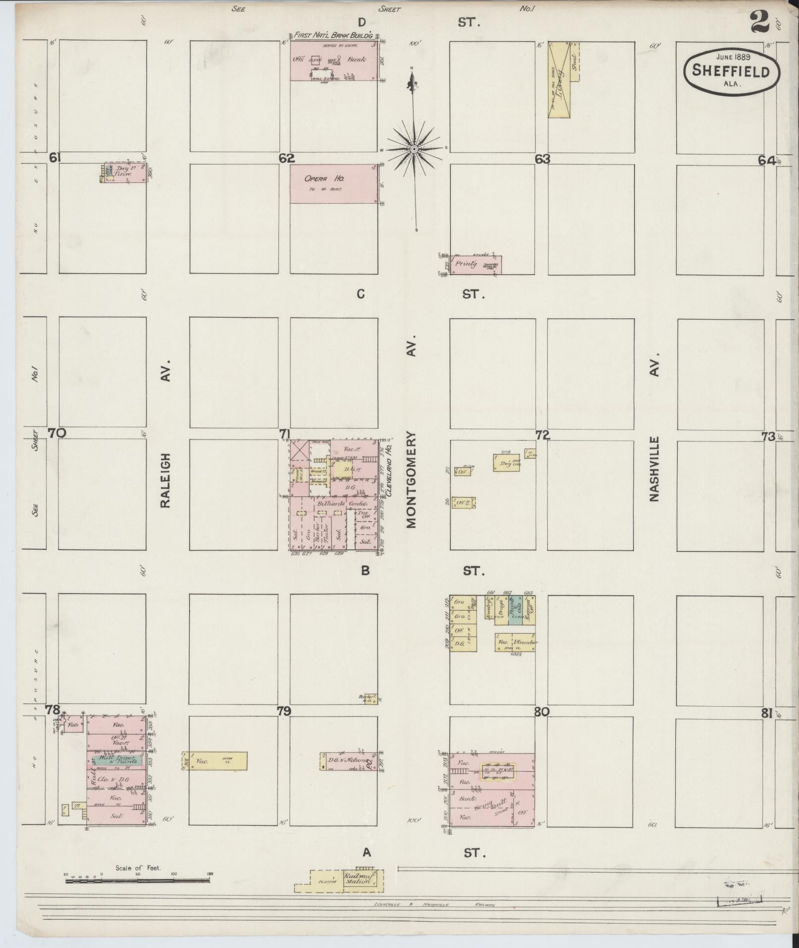Sanborn Fire Insurance Map from Sheffield, Colbert County, Alabama (1889), Sheet #0002 - Complete Map Set gallery image, historic Sanborn map, vintage wall art, Alabama Alabama