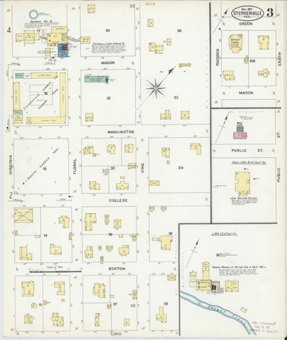 Sanborn Fire Insurance Map from Stephenville, Erath County, Texas (1907), Sheet #0003 - Historic Sanborn Fire Insurance Map Print, vintage old map wall art, antique decor, genealogy gift, Texas Texas map