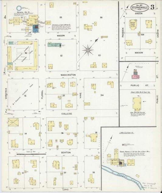 Sanborn Fire Insurance Map from Stephenville, Erath County, Texas (1907), Sheet #0003 - Historic Sanborn Fire Insurance Map Print, vintage old map wall art, antique decor, genealogy gift, Texas Texas map
