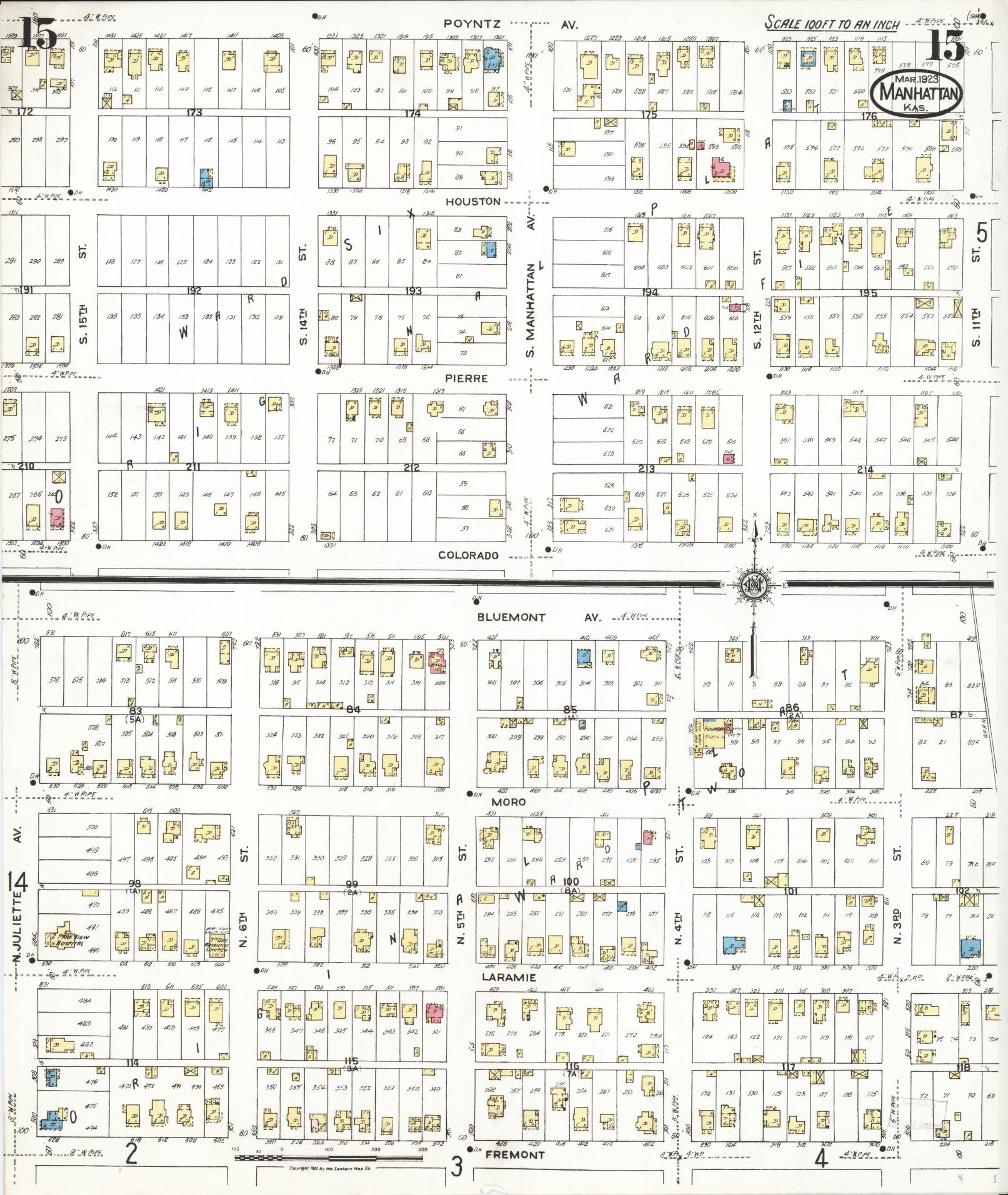 Sanborn Fire Insurance Map from Manhattan, Riley County, Kansas (1923), Sheet #0015 - Complete Map Set gallery image, historic Sanborn map, vintage wall art, Kansas Kansas