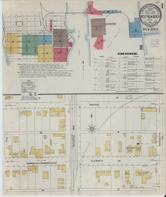 Sanborn Fire Insurance Map from West Palm Beach, Dade County, Florida (1908), Sheet #0001 - Historic Sanborn Fire Insurance Map Print, vintage old map wall art, antique decor, genealogy gift, Florida Florida map