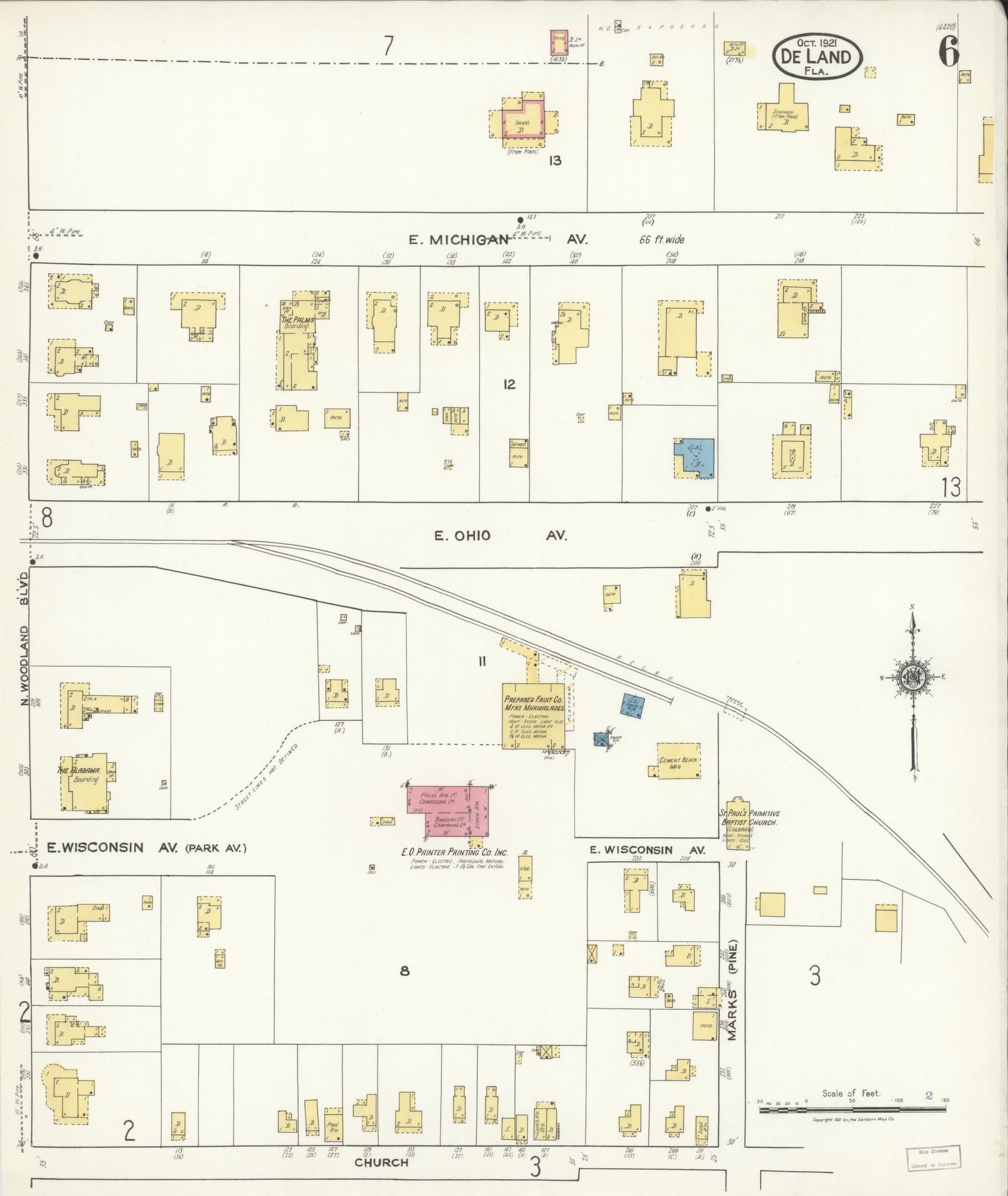 Sanborn Fire Insurance Map from De Land, Volusia County, Florida (1921), Sheet #0006 - Historic Sanborn Fire Insurance Map Print, vintage old map wall art, antique decor, genealogy gift, Florida Florida map
