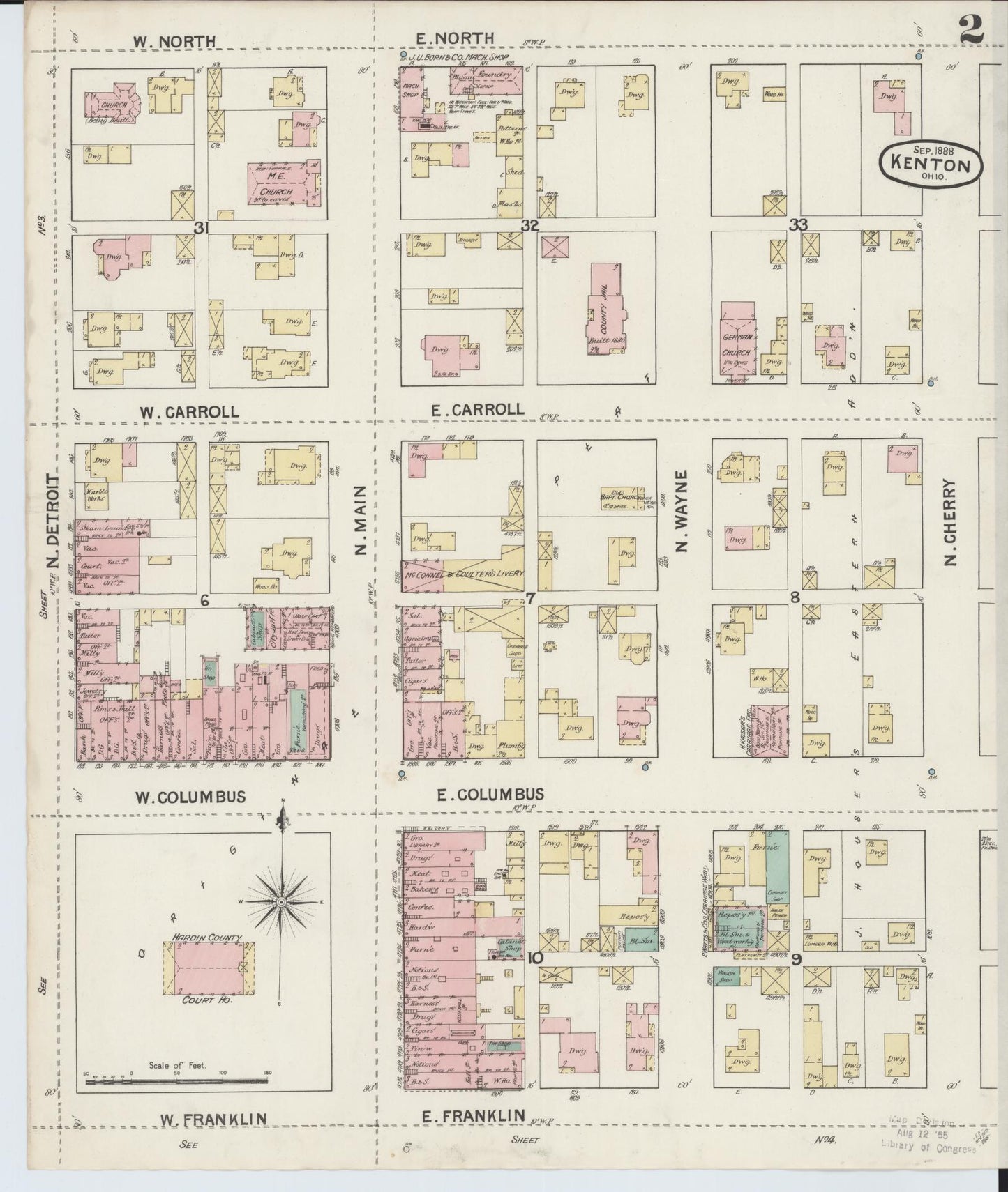 Sanborn Fire Insurance Map from Kenton, Hardin County, Ohio (1888), Sheet #0002 - Historic Sanborn Fire Insurance Map Print, vintage old map wall art, antique decor, genealogy gift, Ohio Ohio map