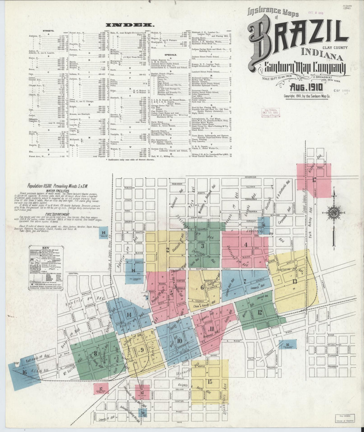 Sanborn Fire Insurance Map from Brazil, Clay County, Indiana (1910), Sheet #0001 - Historic Sanborn Fire Insurance Map Print, vintage old map wall art, antique decor, genealogy gift, Indiana Indiana map