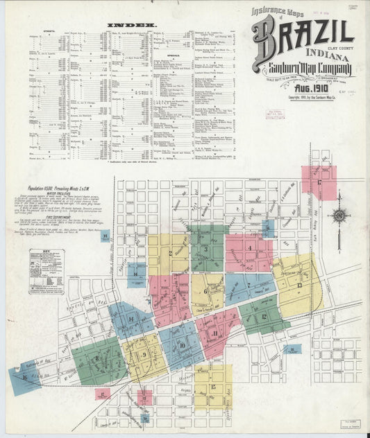 Sanborn Fire Insurance Map from Brazil, Clay County, Indiana (1910), Sheet #0001 - Historic Sanborn Fire Insurance Map Print, vintage old map wall art, antique decor, genealogy gift, Indiana Indiana map