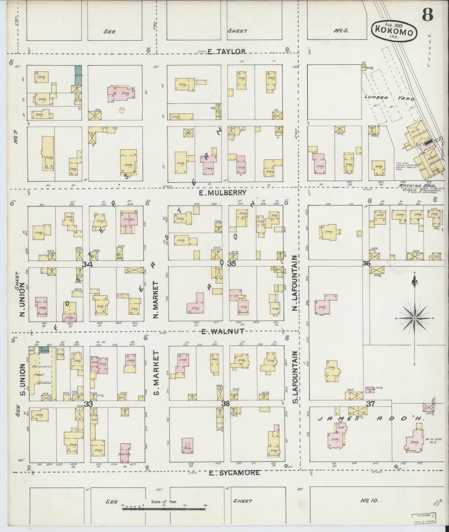 Sanborn Fire Insurance Map from Kokomo, Howard County, Indiana (1889), Sheet #0008 - Complete Map Set gallery image, historic Sanborn map, vintage wall art, Indiana Indiana