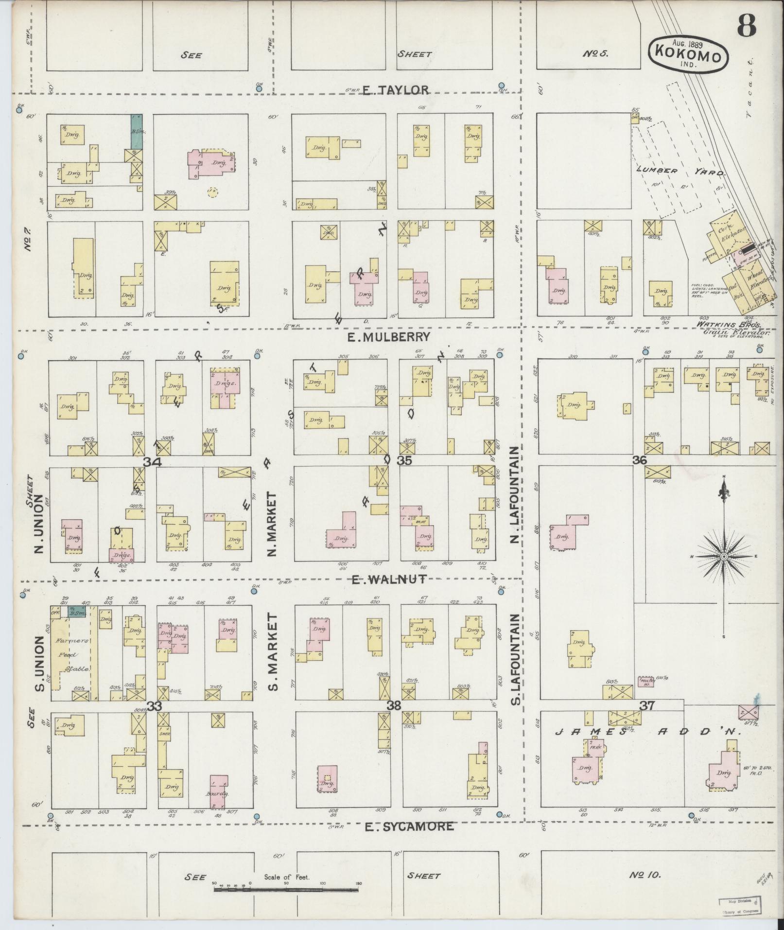 Sanborn Fire Insurance Map from Kokomo, Howard County, Indiana (1889), Sheet #0008 - Complete Map Set gallery image, historic Sanborn map, vintage wall art, Indiana Indiana