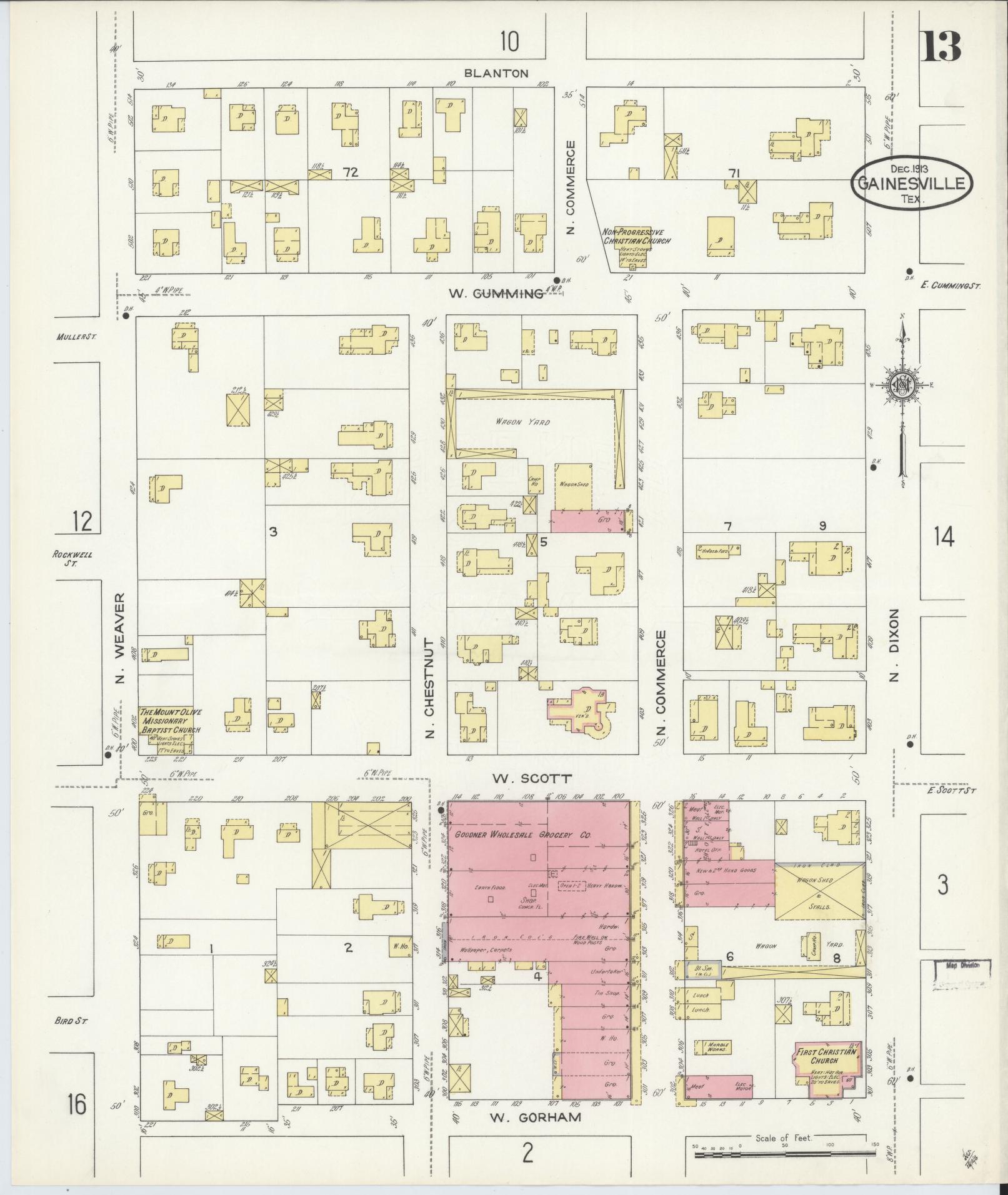 Sanborn Fire Insurance Map from Gainesville, Cooke County, Texas (1913), Sheet #0013 - Complete Map Set gallery image, historic Sanborn map, vintage wall art, Texas Texas