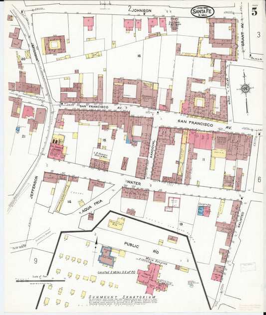 Sanborn Fire Insurance Map from Santa Fe, Santa Fe County, New Mexico (1921), Sheet #0005 - Historic Sanborn Fire Insurance Map Print, vintage old map wall art, antique decor, genealogy gift, New Mexico New Mexico map