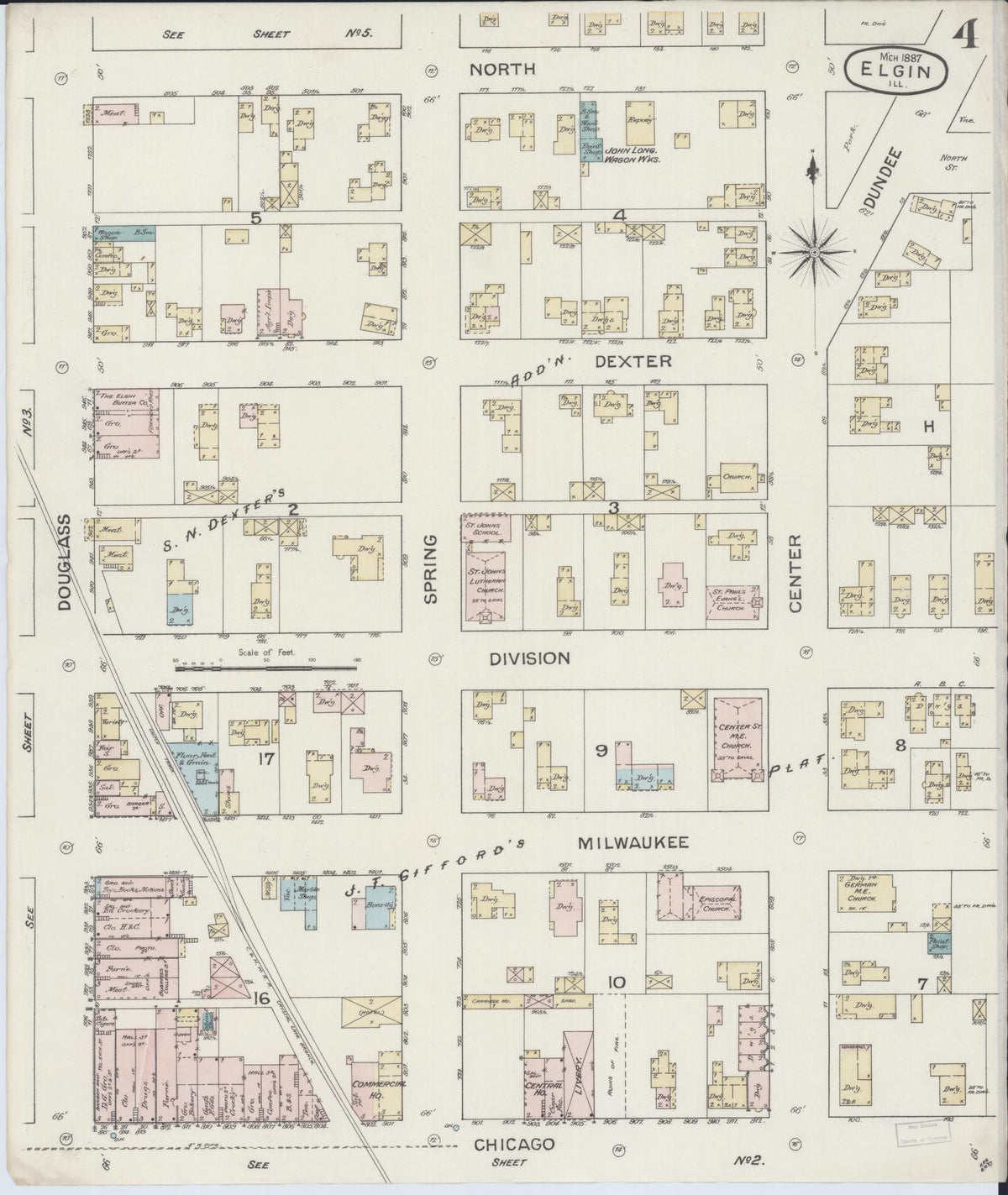 Sanborn Fire Insurance Map from Elgin, Kane County, Illinois (1887), Sheet #0004 - Complete Map Set gallery image, historic Sanborn map, vintage wall art, Illinois Illinois