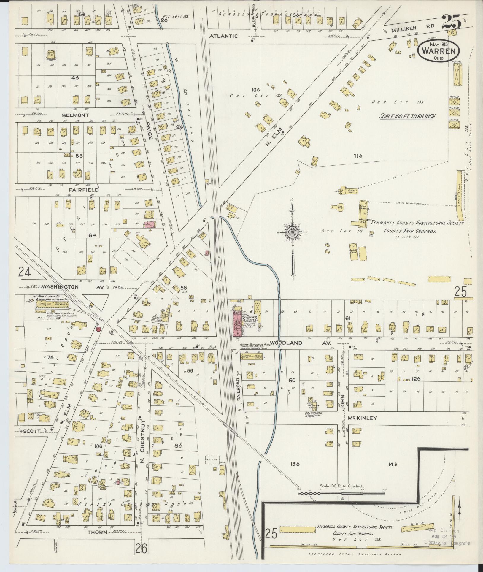 Sanborn Fire Insurance Map from Warren, Trumbull County, Ohio (1915), Sheet #0025 - Historic Sanborn Fire Insurance Map Print, vintage old map wall art, antique decor, genealogy gift, Ohio Ohio map
