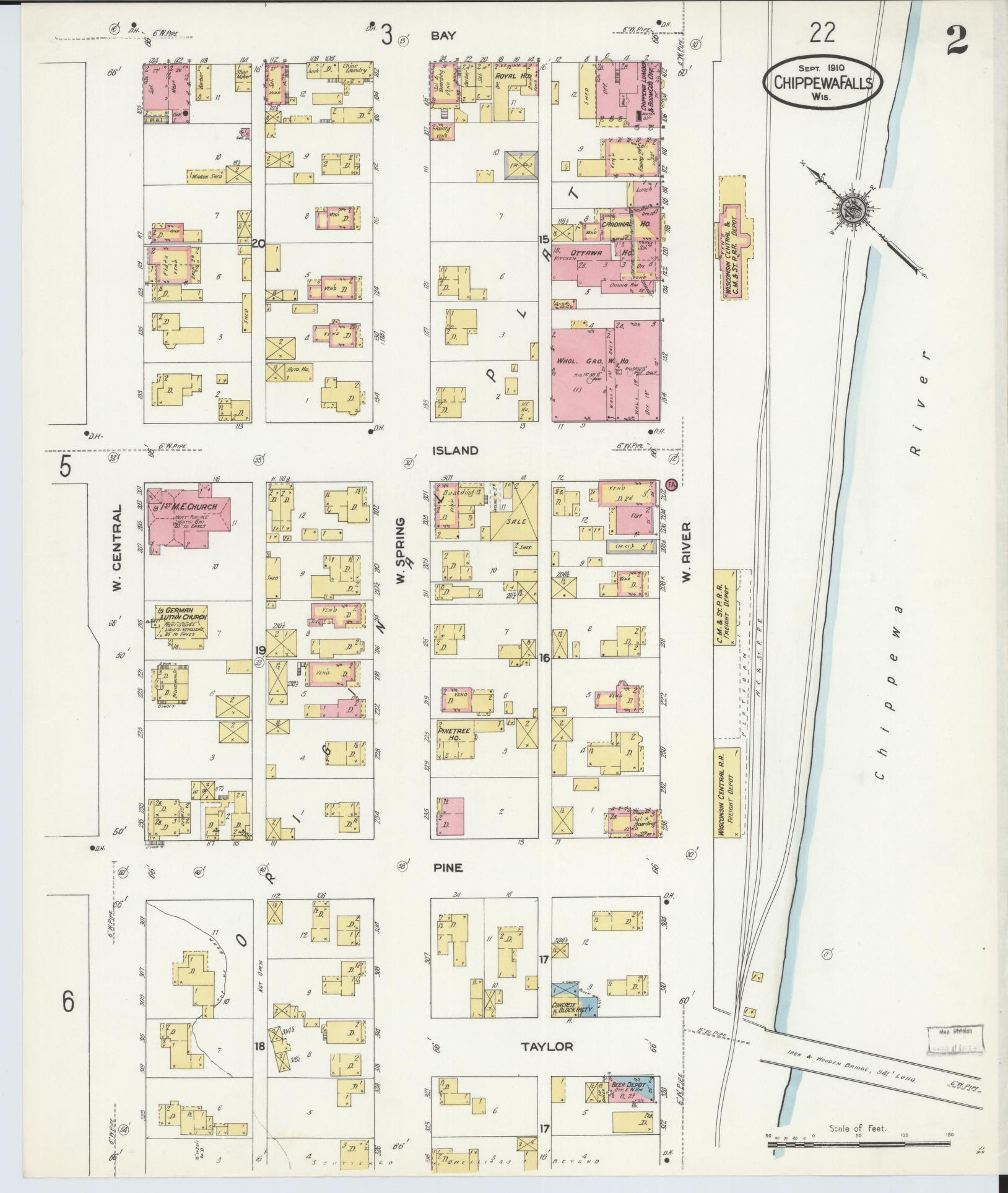 Sanborn Fire Insurance Map from Chippewa Falls, Chippewa County, Wisconsin (1910), Sheet #0002 - Historic Sanborn Fire Insurance Map Print, vintage old map wall art, antique decor, genealogy gift, Wisconsin Wisconsin map