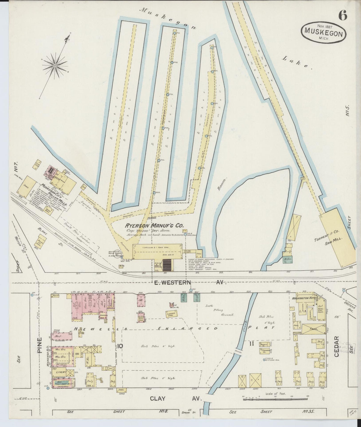 Sanborn Fire Insurance Map from Muskegon, Muskegon County, Michigan (1887), Sheet #0006 - Historic Sanborn Fire Insurance Map Print, vintage old map wall art, antique decor, genealogy gift, Michigan Michigan map